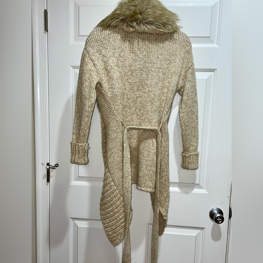 Express size small tan belted wrap sweater with fur collar - Picture 3 of 9